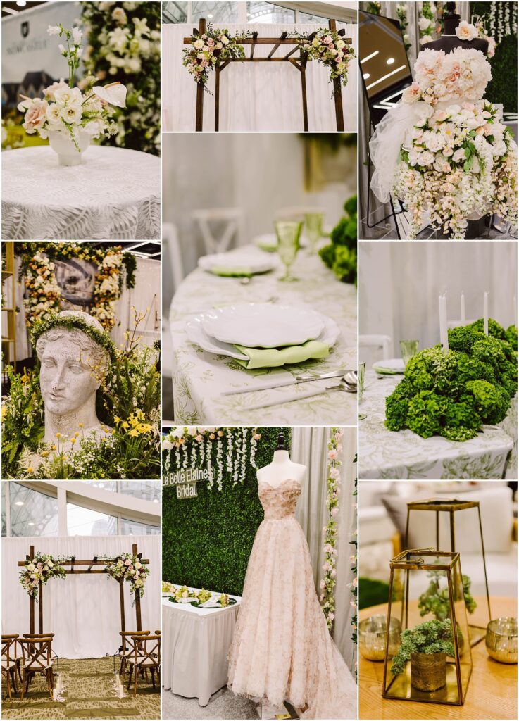 Snohomish Wedding Photographer GSquared Weddings Collage of wedding decor: floral arrangements, a table set with green accents, a white gown on display, a wooden arch with flowers, and decorative plants. Includes a statue head adorned with flowers and green glassware. Serving Seattle, Snohomish and Orlando