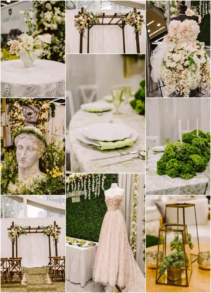 Snohomish Wedding Photographer GSquared Weddings Collage of wedding decor: floral arrangements, a table set with green accents, a white gown on display, a wooden arch with flowers, and decorative plants. Includes a statue head adorned with flowers and green glassware. Serving Seattle, Snohomish and Orlando
