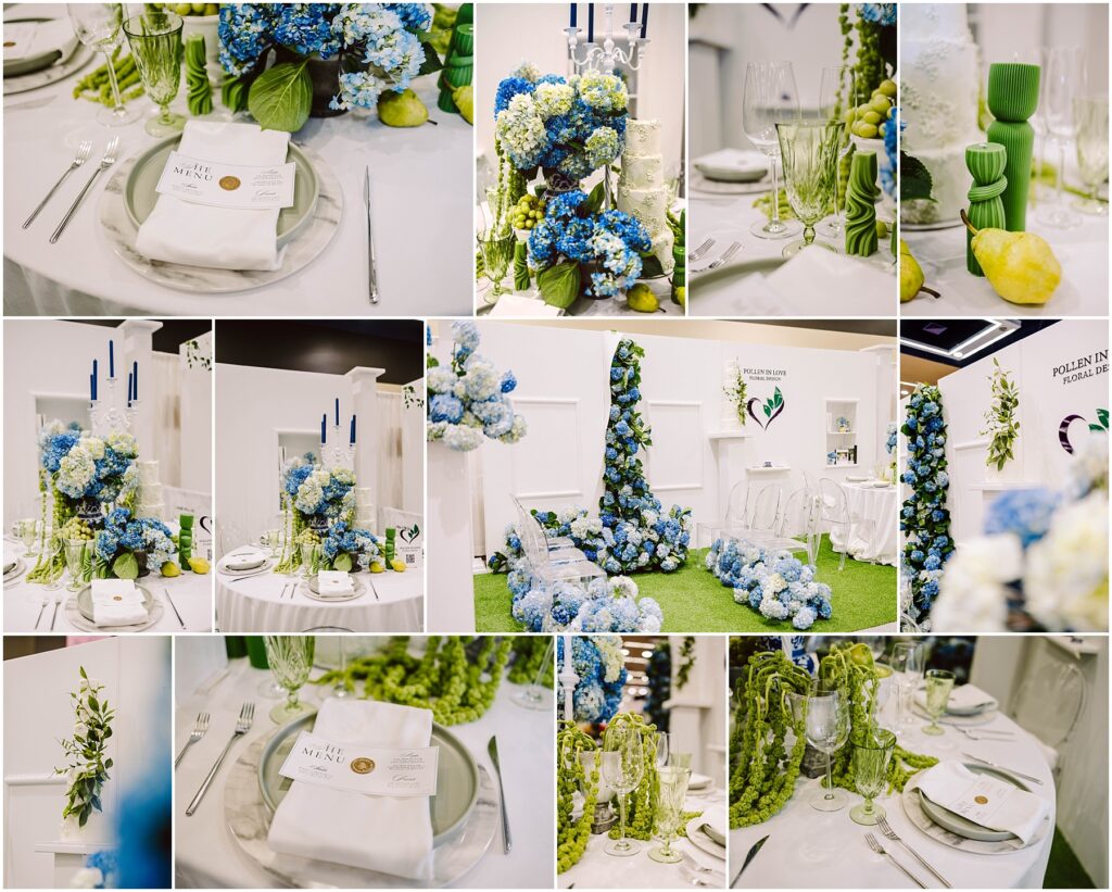 Snohomish Wedding Photographer GSquared Weddings Collage of a wedding table setup with blue and white floral arrangements. Includes close-ups of plates with menus, glasses, green candles, and lemons as decor. The setting exudes elegance with a nature-inspired theme. Serving Seattle, Snohomish and Orlando
