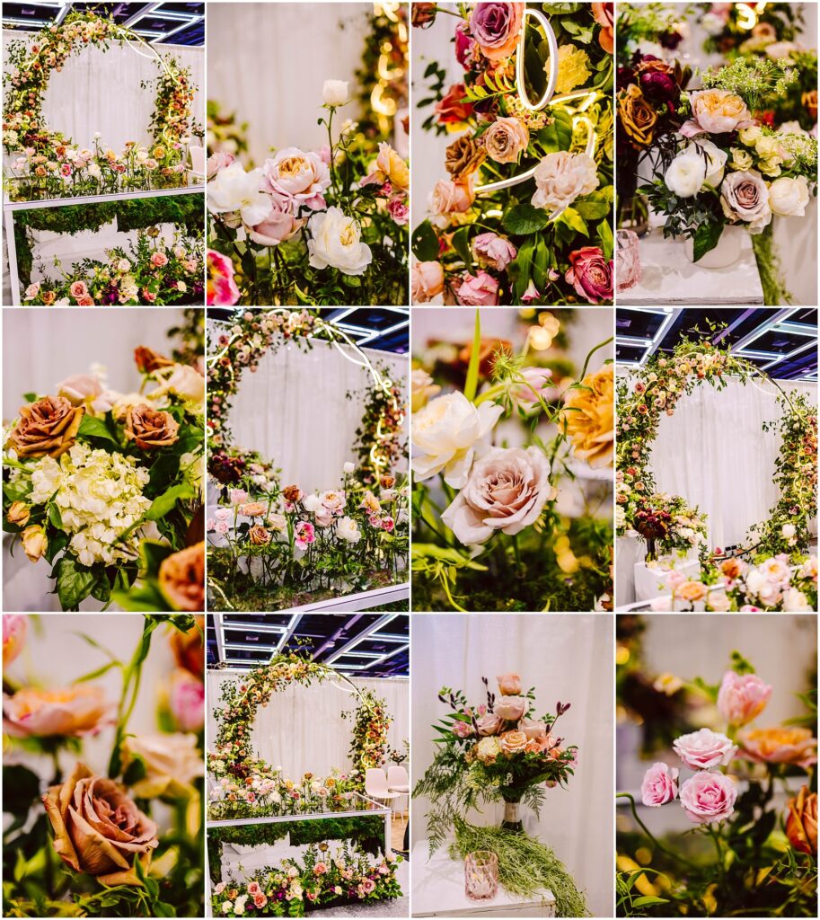 Snohomish Wedding Photographer GSquared Weddings A collage of floral arrangements featuring roses and various flowers in pink, peach, and cream shades, with greenery. Includes archways, bouquets, and decorations, creating an elegant, romantic atmosphere. Serving Seattle, Snohomish and Orlando