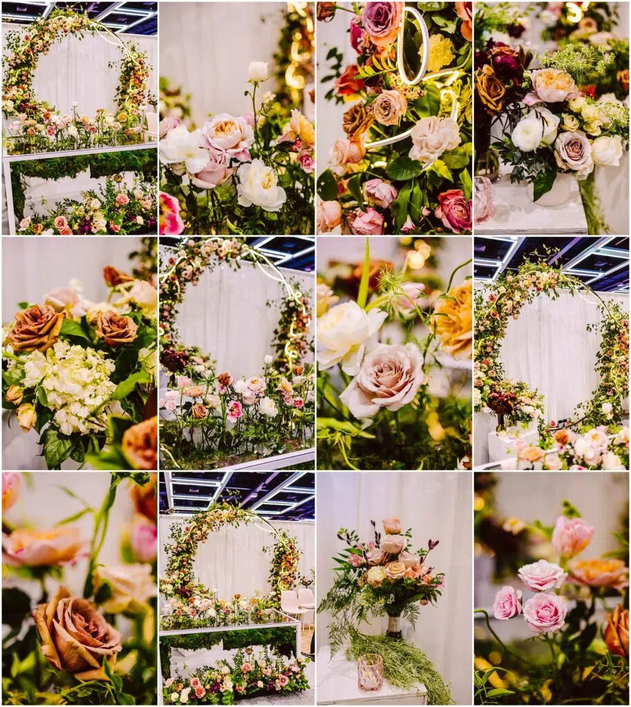 Snohomish Wedding Photographer GSquared Weddings A collage of floral arrangements featuring roses and various flowers in pink, peach, and cream shades, with greenery. Includes archways, bouquets, and decorations, creating an elegant, romantic atmosphere. Serving Seattle, Snohomish and Orlando