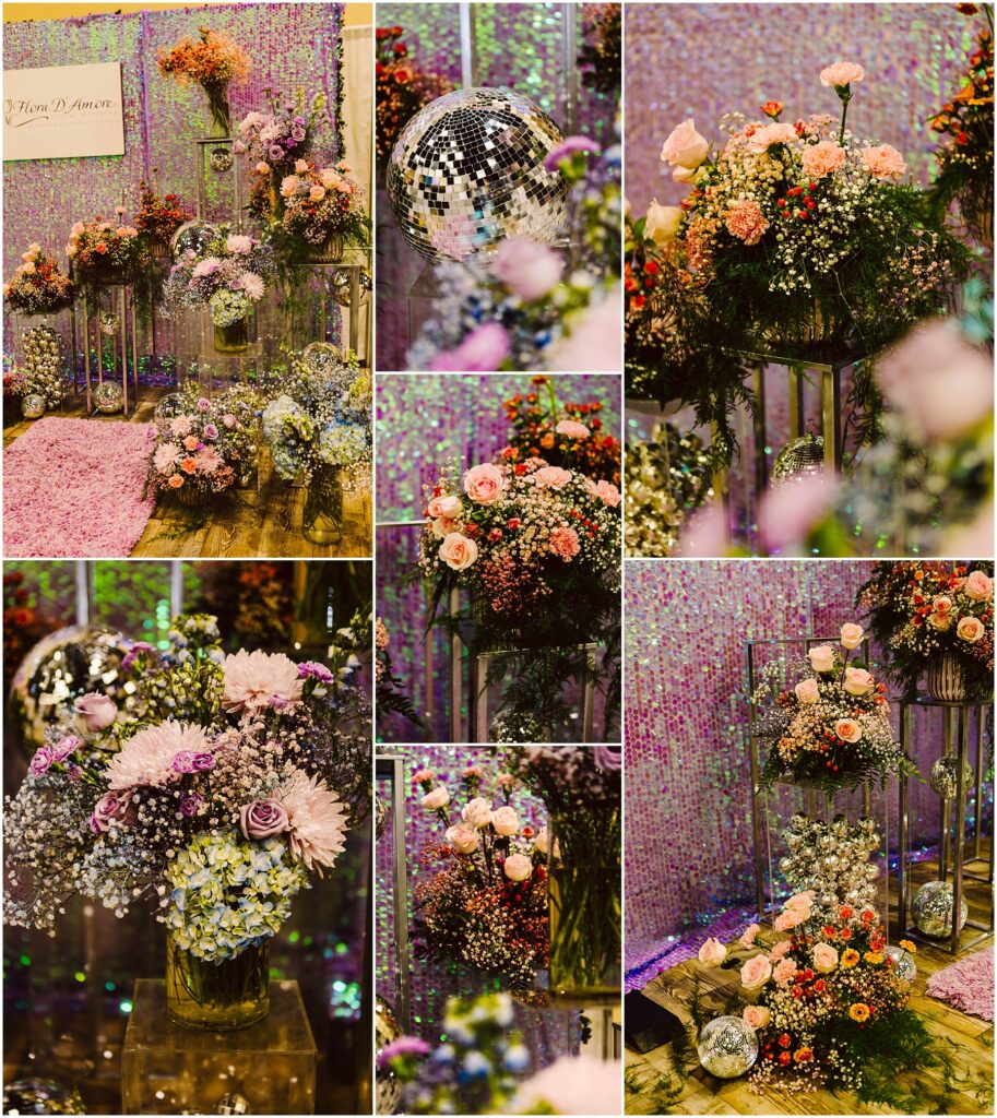 Snohomish Wedding Photographer GSquared Weddings A collage of floral arrangements featuring pink, purple, and white flowers with greenery. The background has a shiny, sequin-like surface. A disco ball is included in some images, adding a touch of sparkle. Serving Seattle, Snohomish and Orlando