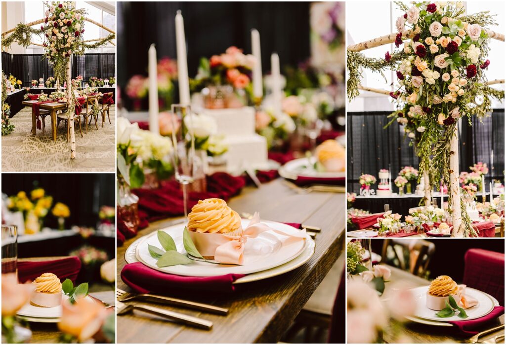 Snohomish Wedding Photographer GSquared Weddings Elegant table setting with vibrant floral arrangements. Tables feature burgundy napkins, gold flatware, and orange rosette desserts on white plates. Background showcases lavish flower centerpieces. Warm, inviting atmosphere. Serving Seattle, Snohomish and Orlando