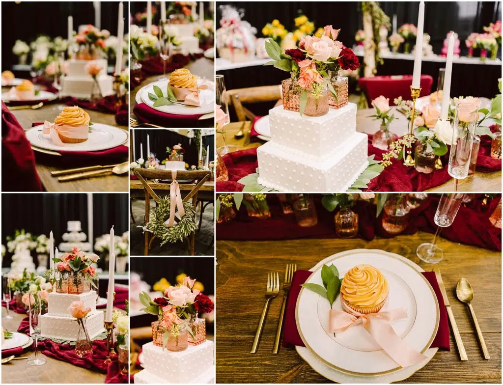 Snohomish Wedding Photographer GSquared Weddings Elegant table setting collage featuring a cupcake with frosting on a plate and a beautifully wrapped gift box. Surrounding decor includes pink and red flowers, candles, and a lush tablescape with gold accents and greenery. Serving Seattle, Snohomish and Orlando