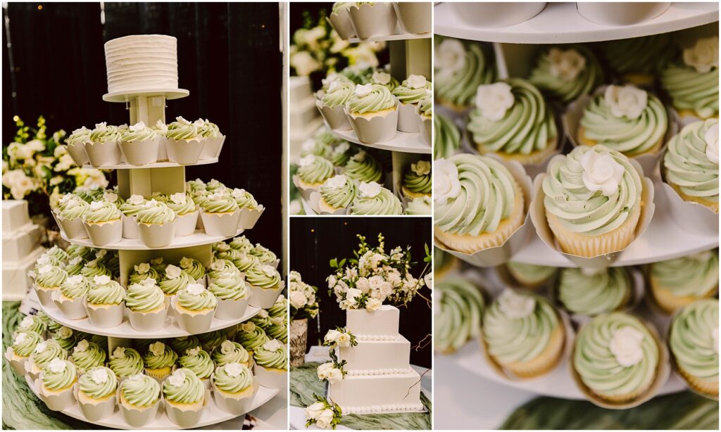 Snohomish Wedding Photographer GSquared Weddings A tiered cupcake stand with white and green frosted cupcakes surrounds a white cake with floral decorations. The setup includes elegant greenery and floral arrangements in the background. Serving Seattle, Snohomish and Orlando