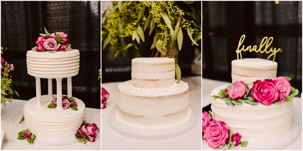 Snohomish Wedding Photographer GSquared Weddings Three white wedding cakes are displayed. The left cake is tiered with pillars and topped with pink roses. The middle cake is three-tiered with minimal decor. The right cake is decorated with pink roses and has a finally topper. Serving Seattle, Snohomish and Orlando