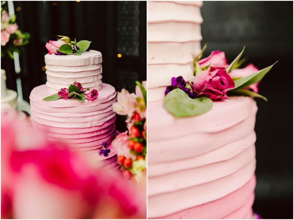 Snohomish Wedding Photographer GSquared Weddings Two images of a pink, three-tiered cake with textured frosting. The cake is adorned with pink roses, green leaves, and a few small flowers. The left image shows the full cake, and the right image focuses on the floral decoration. Serving Seattle, Snohomish and Orlando