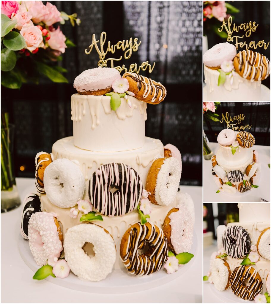 Snohomish Wedding Photographer GSquared Weddings A three-tier white wedding cake decorated with assorted donuts and small pink flowers. The cake topper reads Always & Forever. A bouquet of pink flowers is visible in the background. Serving Seattle, Snohomish and Orlando