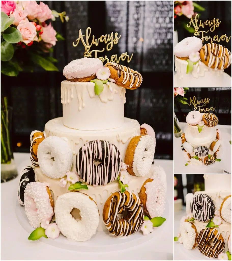 Snohomish Wedding Photographer GSquared Weddings A three-tier white wedding cake decorated with assorted donuts and small pink flowers. The cake topper reads Always & Forever. A bouquet of pink flowers is visible in the background. Serving Seattle, Snohomish and Orlando