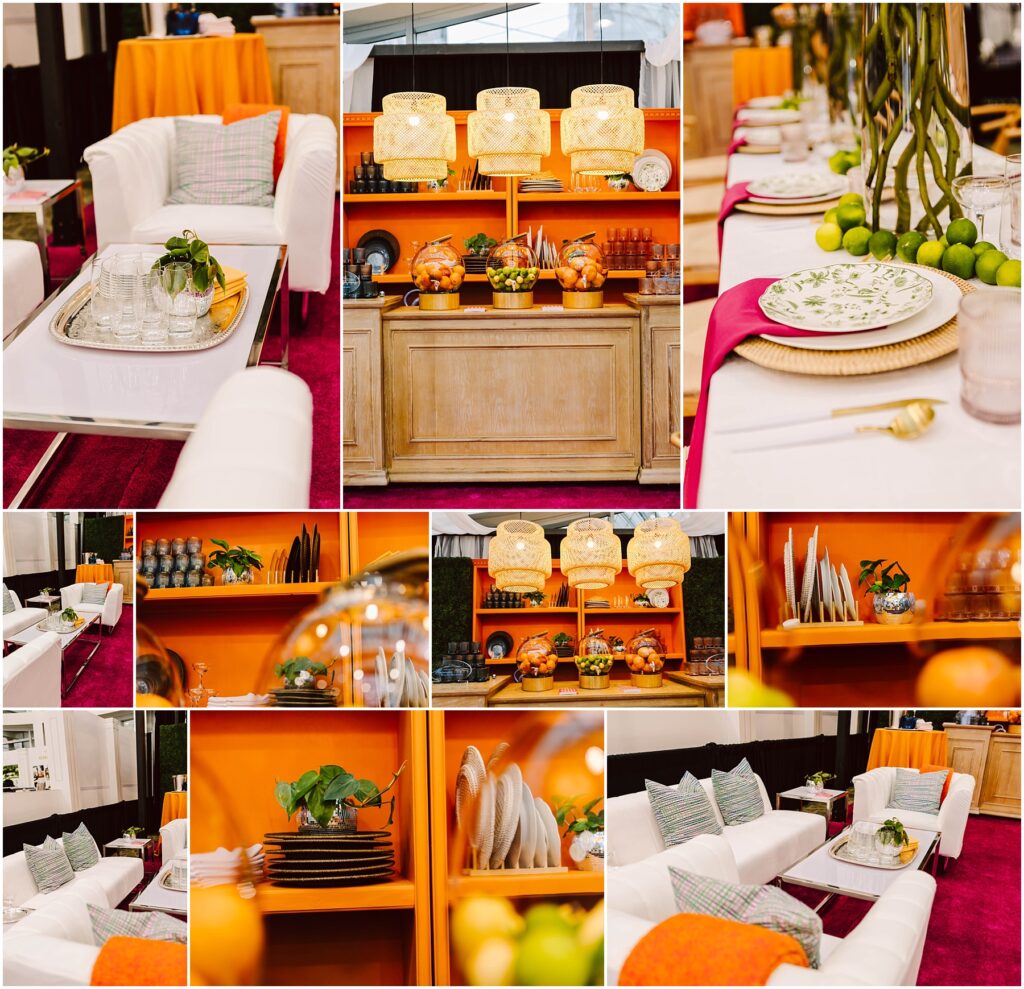 Snohomish Wedding Photographer GSquared Weddings Collage of a stylish, vibrant living area with white couches, orange walls, decorative plates, and green plants. Features include glassware, colorful pillows, and festive table settings with patterned dishes and citrus accents. Serving Seattle, Snohomish and Orlando
