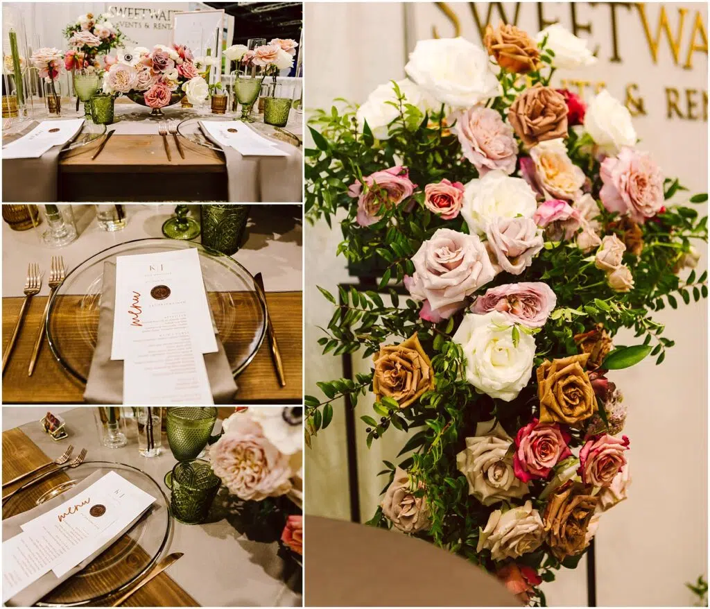 Snohomish Wedding Photographer GSquared Weddings A collage of a wedding table setting with floral arrangements. Left images show a table with clear plates, a menu, and pink and white flowers. Right image features a large bouquet of roses in various shades, with greenery. Serving Seattle, Snohomish and Orlando