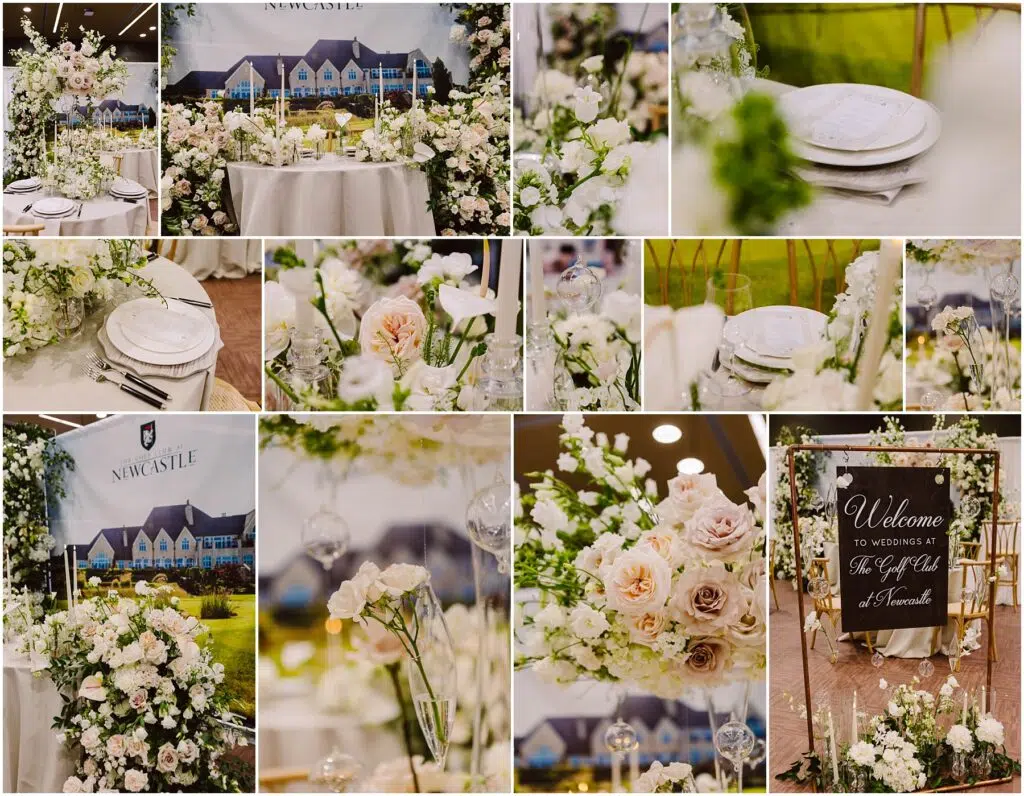 Snohomish Wedding Photographer GSquared Weddings A collage of wedding décor featuring elegant table settings with white plates, glasses, and floral arrangements of white and blush roses. A welcome sign with the text Welcome to Newcastle is surrounded by flowers. Serving Seattle, Snohomish and Orlando