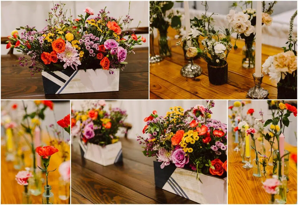 Snohomish Wedding Photographer GSquared Weddings A collage of floral arrangements on wooden tables. The main image shows a rectangular vase with vibrant flowers. Smaller images display various colorful blooms and glass bottles with single stems, creating an elegant and rustic atmosphere. Serving Seattle, Snohomish and Orlando