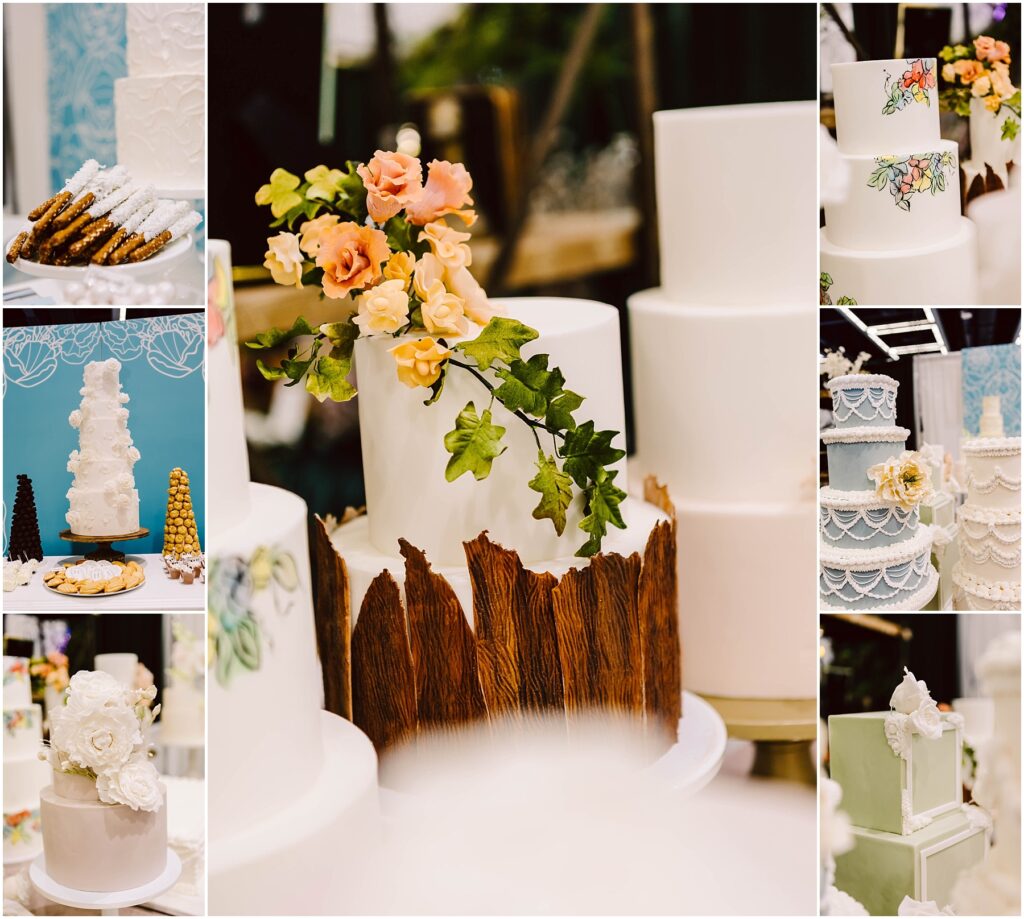 Snohomish Wedding Photographer GSquared Weddings Collage of elegantly decorated cakes, featuring floral designs, intricate lace patterns, and wood-like textures. Varieties include tiered cakes with fondant flowers, piped icing, and colorful accents on a display table. Serving Seattle, Snohomish and Orlando