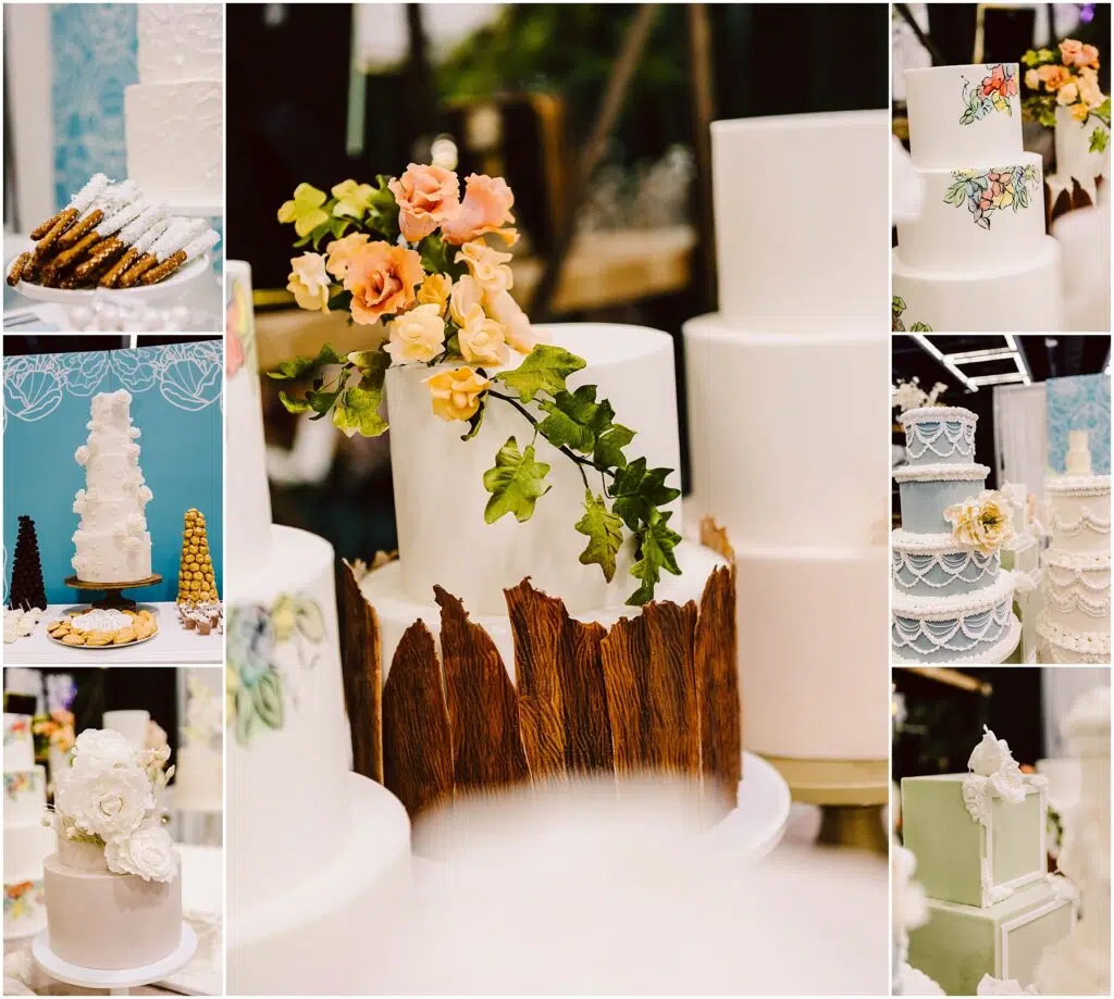 Snohomish Wedding Photographer GSquared Weddings Collage of elegantly decorated cakes, featuring floral designs, intricate lace patterns, and wood-like textures. Varieties include tiered cakes with fondant flowers, piped icing, and colorful accents on a display table. Serving Seattle, Snohomish and Orlando