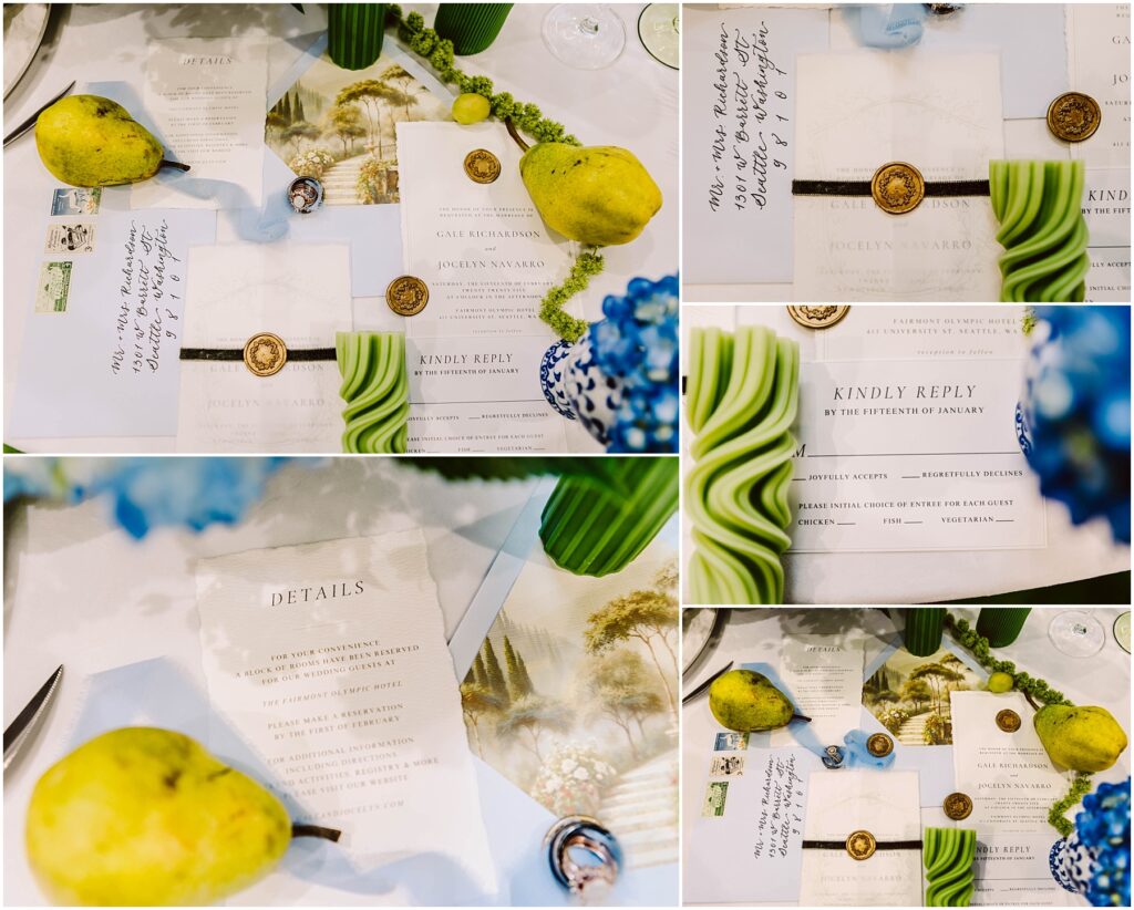 Snohomish Wedding Photographer GSquared Weddings A collection of elegant wedding invitations is displayed on a table. The invitations feature gold wax seals and are surrounded by pears, greenery, and blue hydrangeas. A detail card and RSVP card are included. Serving Seattle, Snohomish and Orlando
