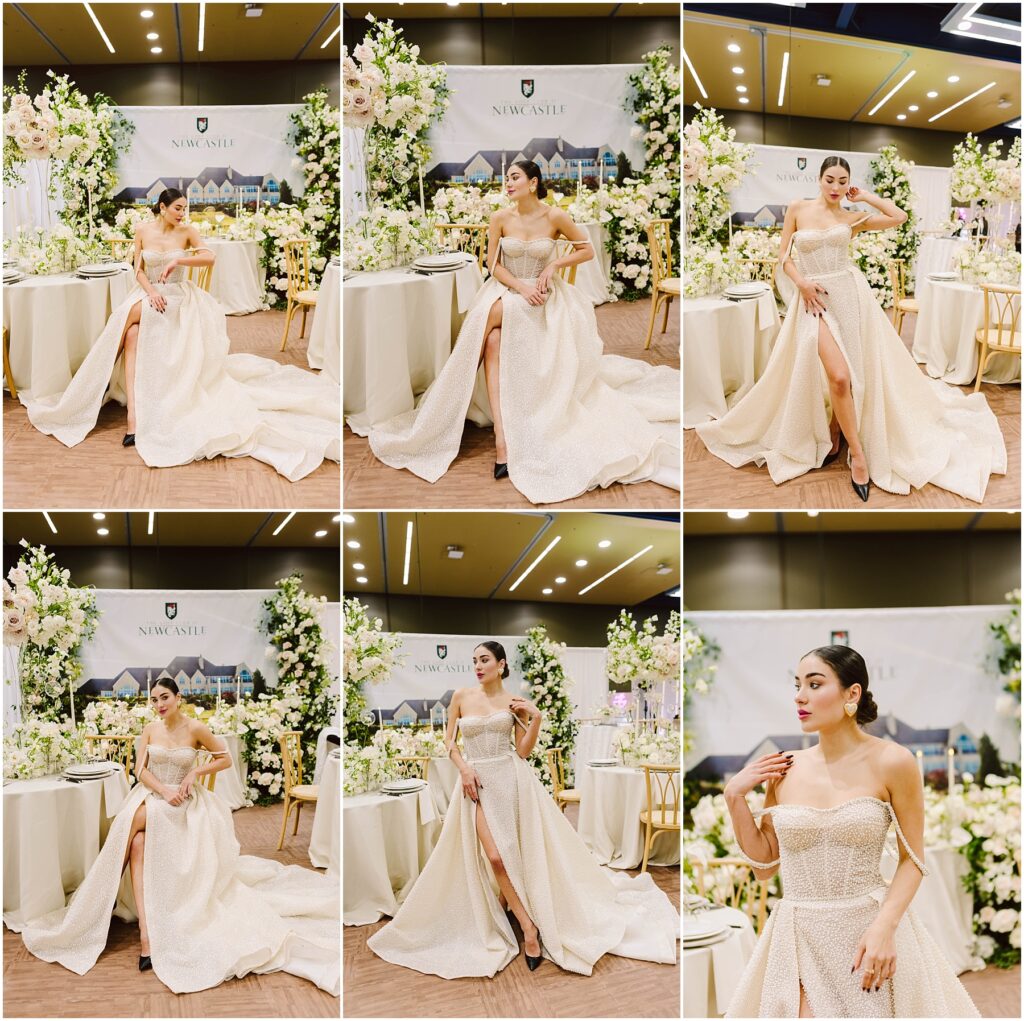 Snohomish Wedding Photographer GSquared Weddings A woman poses elegantly in a strapless beige gown with a thigh-high slit. The background features floral arrangements and a banner with the text NEWGATE. She displays various poses showcasing the gowns details in a well-lit indoor setting. Serving Seattle, Snohomish and Orlando