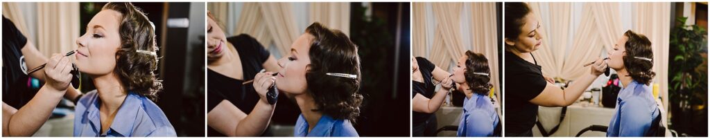 Snohomish Wedding Photographer GSquared Weddings Series of four images showing a woman with curlers in her hair getting her makeup applied by a stylist. She sits in a chair, wearing a blue cape, as the stylist works meticulously on her makeup in a softly lit room. Serving Seattle, Snohomish and Orlando