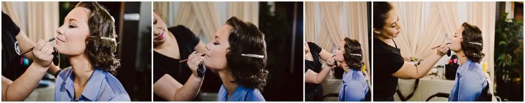 Snohomish Wedding Photographer GSquared Weddings Series of four images showing a woman with curlers in her hair getting her makeup applied by a stylist. She sits in a chair, wearing a blue cape, as the stylist works meticulously on her makeup in a softly lit room. Serving Seattle, Snohomish and Orlando