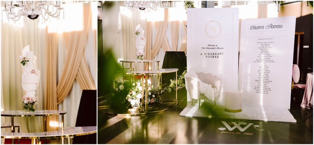 Snohomish Wedding Photographer GSquared Weddings A chic indoor setting with a round table adorned with a tall floral arrangement. A banner on the right reads Welcome to the Winnekta Reserve: A Speakeasy Soirée. A schedule or list is displayed beside it. Elegant decor and curtains enhance the space. Serving Seattle, Snohomish and Orlando