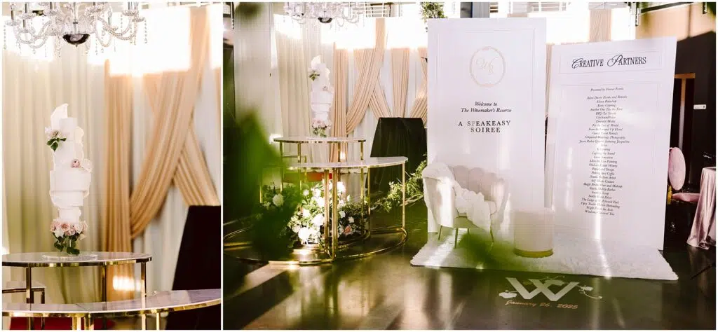 Snohomish Wedding Photographer GSquared Weddings A chic indoor setting with a round table adorned with a tall floral arrangement. A banner on the right reads Welcome to the Winnekta Reserve: A Speakeasy Soirée. A schedule or list is displayed beside it. Elegant decor and curtains enhance the space. Serving Seattle, Snohomish and Orlando