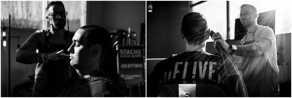 Snohomish Wedding Photographer GSquared Weddings Black and white image of a barber giving a haircut to a seated man. The left side shows a close-up of the man with his eyes closed, while the right side captures the barber adjusting a towel around the mans neck. Serving Seattle, Snohomish and Orlando