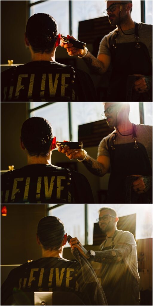 Snohomish Wedding Photographer GSquared Weddings Two images show a barber wearing glasses and an apron trimming a clients hair with clippers. The client, with dark, slicked-back hair, wears a shirt with LIVE printed on the back. Sunlight streams through large windows, casting warm shadows. Serving Seattle, Snohomish and Orlando