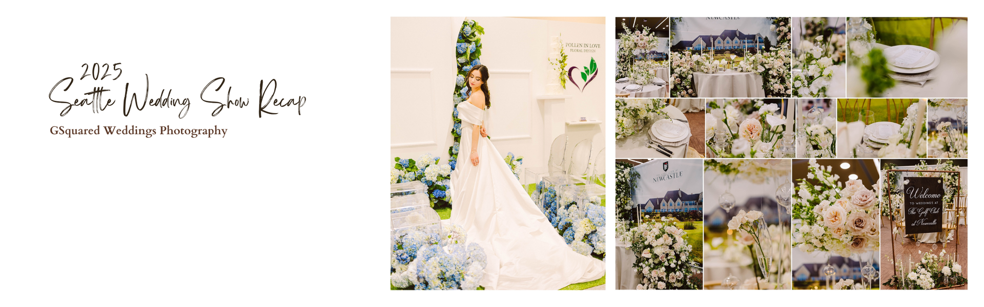 Snohomish Wedding Photographer GSquared Weddings Bride at a wedding expo stands among blue and white floral arrangements. The collage includes a set table with elegant dinnerware, floral decorations, and a close-up of a chalkboard sign. Text reads 2023 Seattle Wedding Show Recap by GSquared Wedding Photography. Serving Seattle, Snohomish and Orlando