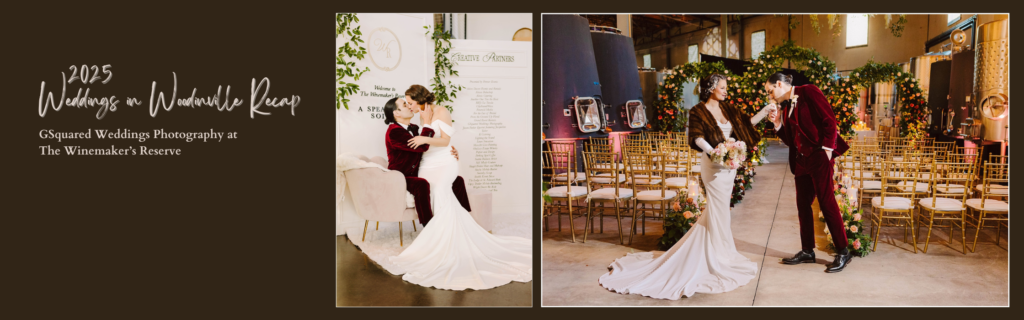 Snohomish Wedding Photographer GSquared Weddings A bride and groom celebrate at The Winemakers Reserve. The groom dips the bride as they kiss. Another image shows the couple smiling and facing each other, holding hands, surrounded by greenery and elegant decorations. Serving Seattle, Snohomish and Orlando