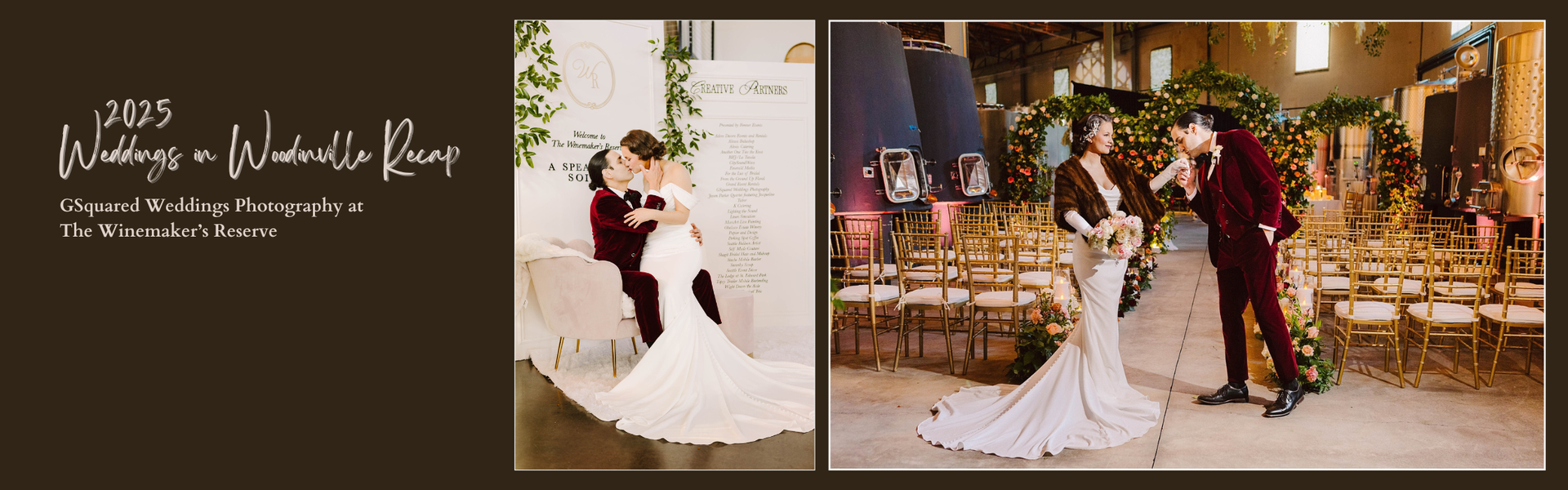 Snohomish Wedding Photographer GSquared Weddings A bride and groom celebrate at The Winemakers Reserve. The groom dips the bride as they kiss. Another image shows the couple smiling and facing each other, holding hands, surrounded by greenery and elegant decorations. Serving Seattle, Snohomish and Orlando
