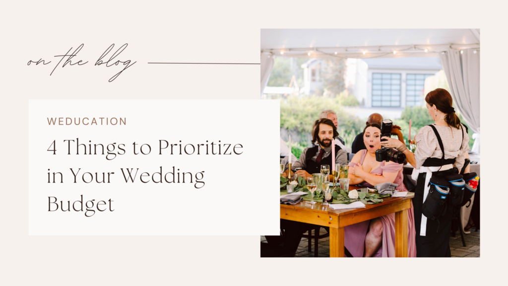 Snohomish Wedding Photographer GSquared Weddings The image features a blog post titled 4 Things to Prioritize in Your Wedding Budget by Weducation. Beside the text, a photographer captures candid moments at a lively outdoor wedding budget-focused reception, with guests seated at a table. Serving Seattle, Snohomish and Orlando