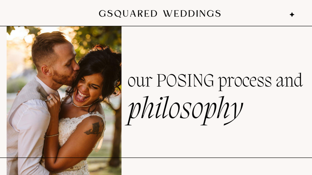 Snohomish Wedding Photographer GSquared Weddings A joyful couple embraces with the man kissing the womans cheek, captured perfectly in their wedding attire outdoors. The image features text: GSquared Weddings, highlighting our unique posing process and philosophy. Serving Seattle, Snohomish and Orlando