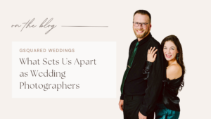 Snohomish Wedding Photographer GSquared Weddings A couple stands smiling against a plain background. The man wears a black suit with glasses, and the woman in a dark off-the-shoulder dress embraces his arm. Text reads: On the blog: GSquared Weddings - What Sets Us Apart as Wedding Photographers. Capture your special moments with us. Serving Seattle, Snohomish and Orlando