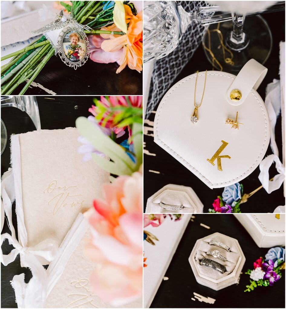 Snohomish Wedding Photographer GSquared Weddings Wedding accessories collage: a bouquet with a vintage brooch, a gold necklace next to earrings on a pouch with the Machias K initial, a white vow book with gold lettering, and a set of rings in hexagonal boxes adorned with floral accents. Serving Seattle, Snohomish and Orlando