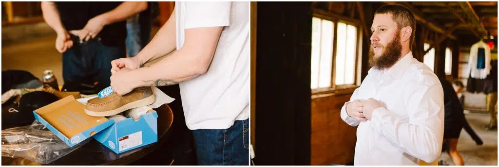 Snohomish Wedding Photographer GSquared Weddings Two images side by side: Left, a person ties laces on tan shoes near a shoebox, perhaps in Machias. Right, a bearded man in a white shirt buttons his cuffs, preparing for a formal occasion in a rustic setting. Serving Seattle, Snohomish and Orlando