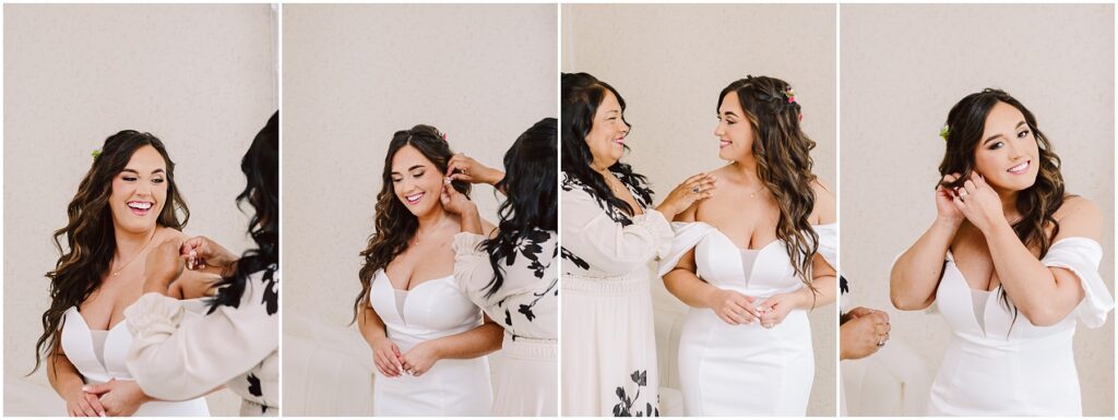Snohomish Wedding Photographer GSquared Weddings In the heart of Machias, a bride with long, wavy hair smiles as she gets ready. Clad in a strapless white dress, joy fills the air as another person lovingly assists with her hair and accessories, creating an intimate atmosphere. Serving Seattle, Snohomish and Orlando