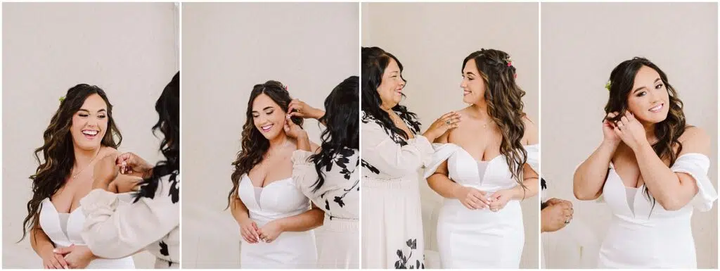 Snohomish Wedding Photographer GSquared Weddings In the heart of Machias, a bride with long, wavy hair smiles as she gets ready. Clad in a strapless white dress, joy fills the air as another person lovingly assists with her hair and accessories, creating an intimate atmosphere. Serving Seattle, Snohomish and Orlando