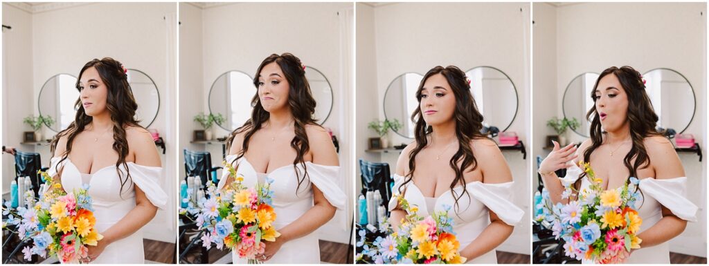 Snohomish Wedding Photographer GSquared Weddings In a charming series of four images, a woman in a white off-shoulder dress clutches a colorful bouquet, her long brown hair cascading down as she displays varied surprised expressions. Standing in a room with a mirror and plants, she embodies the whimsical spirit of Machias. Serving Seattle, Snohomish and Orlando