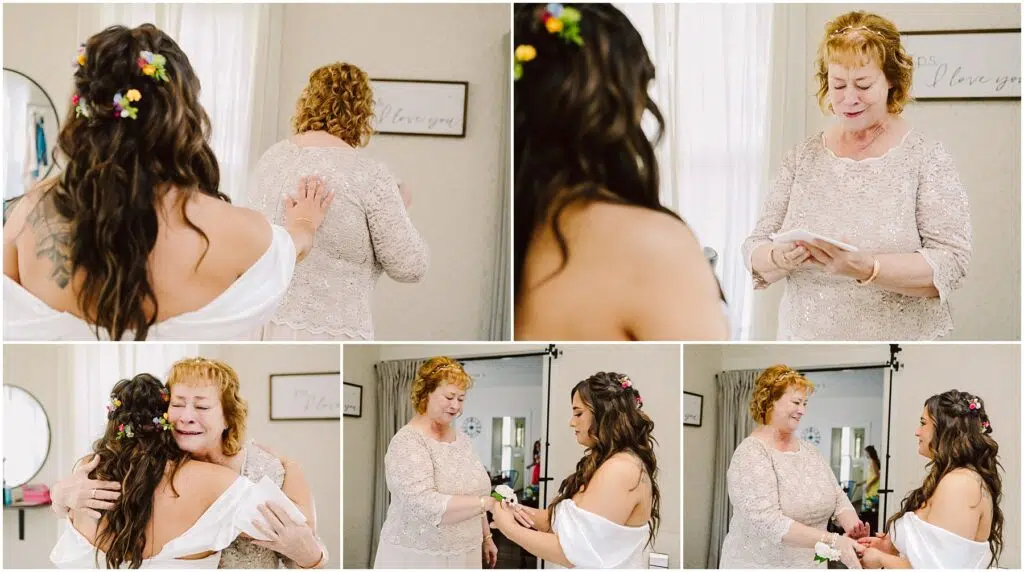 Snohomish Wedding Photographer GSquared Weddings In a warmly lit room in Machias, a bride in a white gown shares an emotional moment with an older woman in a light pink dress. They hug, laugh, and hold hands. Both have flowers in their hair, beneath a wall sign reading I Love You. Serving Seattle, Snohomish and Orlando