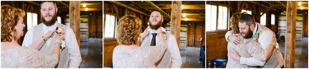 Snohomish Wedding Photographer GSquared Weddings In a rustic wooden venue reminiscent of Machias charm, a bearded man in a suit has his boutonniere pinned by a woman in a sparkly dress. They share warm smiles under the soft glow of windows and overhead bulbs, embracing warmly as if time stood still. Serving Seattle, Snohomish and Orlando