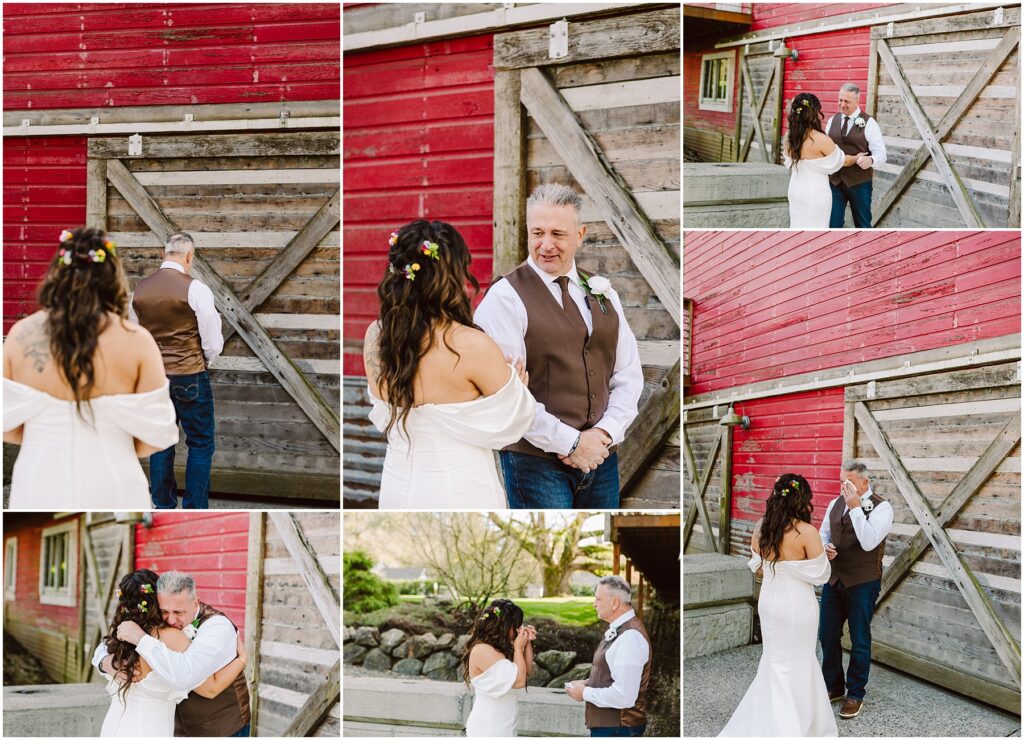 Snohomish Wedding Photographer GSquared Weddings A collage of six images captures a wedding couple against the rustic red Machias barn backdrop. They face each other, smiling and embracing, as the bride in an off-shoulder dress meets the groom in a vest amidst an enchanting outdoor setting with trees and rocks. Serving Seattle, Snohomish and Orlando
