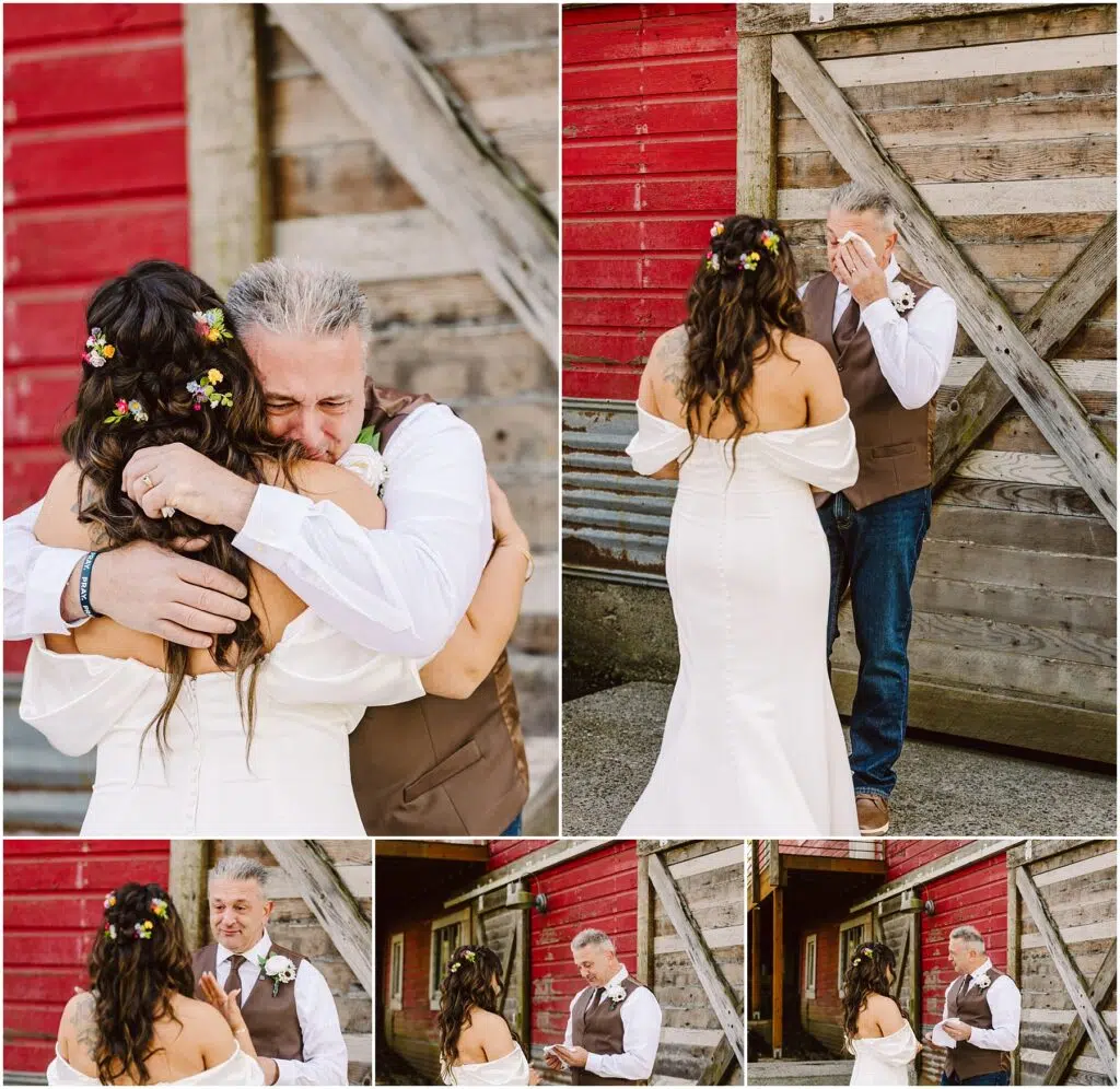 Snohomish Wedding Photographer GSquared Weddings Near the rustic wooden and red barns of Machias, a bride in a white gown and floral hairpiece embraces an emotional man in a brown vest and white shirt. He covers his eyes, visibly touched by the moment. Serving Seattle, Snohomish and Orlando