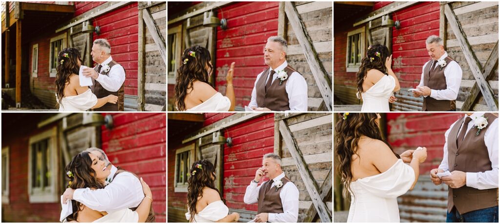 Snohomish Wedding Photographer GSquared Weddings A series of images captures a couple in wedding attire sharing an emotional moment outside a rustic red barn in Machias. The man appears tearful, and the woman offers comfort. They embrace and exchange rings, surrounded by weathered wooden walls. Serving Seattle, Snohomish and Orlando