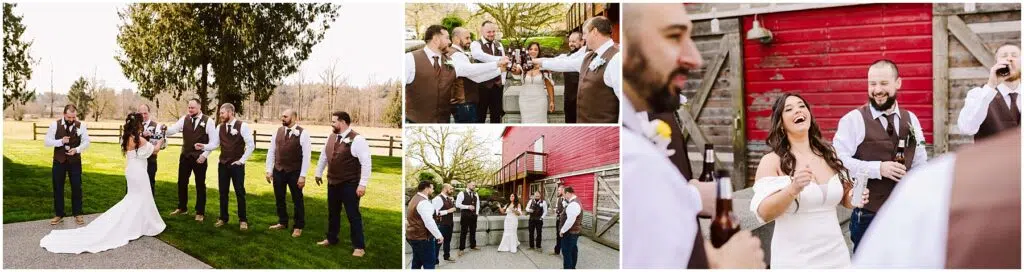 Snohomish Wedding Photographer GSquared Weddings The bride and groom, alongside groomsmen in brown vests, share laughter near a red barn in Machias. The bride in her white dress with flowing hair holds a beer bottle as they all enjoy the sunny day, embracing the rustic charm of their joyous celebration. Serving Seattle, Snohomish and Orlando