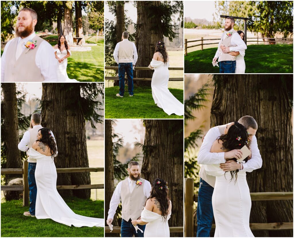 Snohomish Wedding Photographer GSquared Weddings A couple in a wedding dress and vest embrace and exchange smiles outdoors, near Machias large trees and a wooden fence. The groom has a beard, and the bride has long dark hair adorned with flowers. The setting is sunny and grassy, creating a perfect backdrop for their special day. Serving Seattle, Snohomish and Orlando
