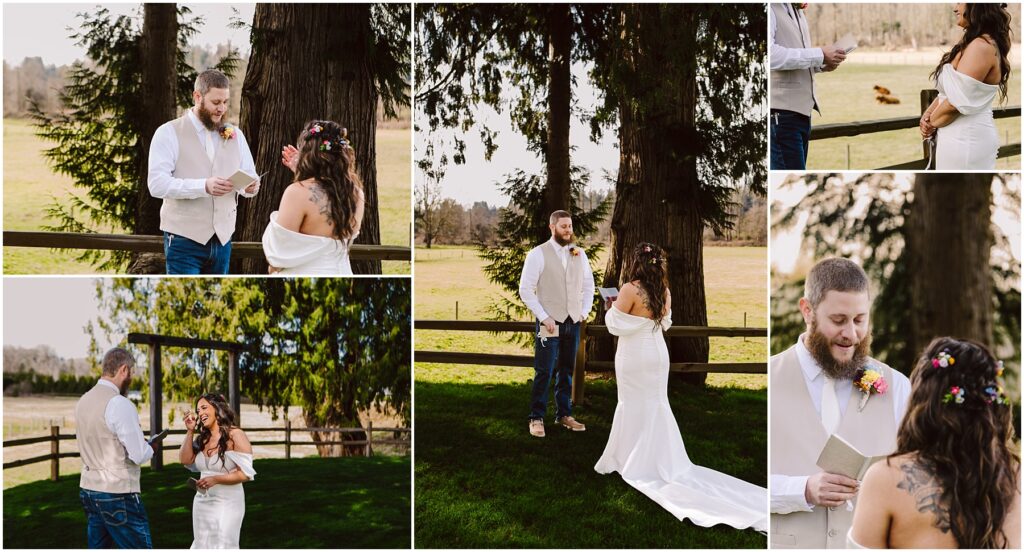 Snohomish Wedding Photographer GSquared Weddings In the charming town of Machias, a couple stands in a rustic outdoor setting with large trees and a wooden fence, exchanging vows. The bride wears a white off-shoulder dress; the groom sports a vest and jeans. The scene exudes a warm, intimate atmosphere. Serving Seattle, Snohomish and Orlando