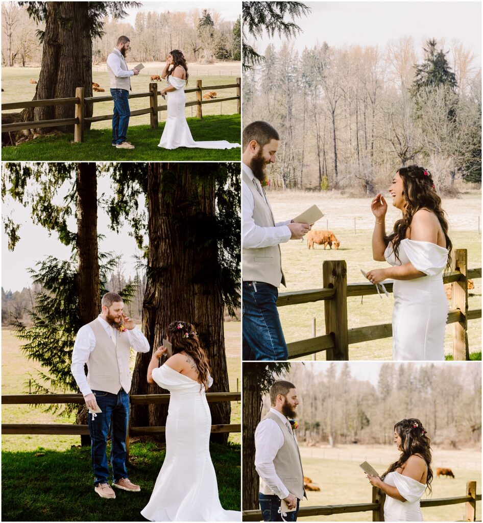 Snohomish Wedding Photographer GSquared Weddings In the serene countryside of Machias, a couple exchanges vows near a rustic fence with a pasture in the background. The woman, radiant in her white dress, and the man, casual in jeans and a vest, smile emotionally as cows graze nearby amidst lush trees and grass. Serving Seattle, Snohomish and Orlando
