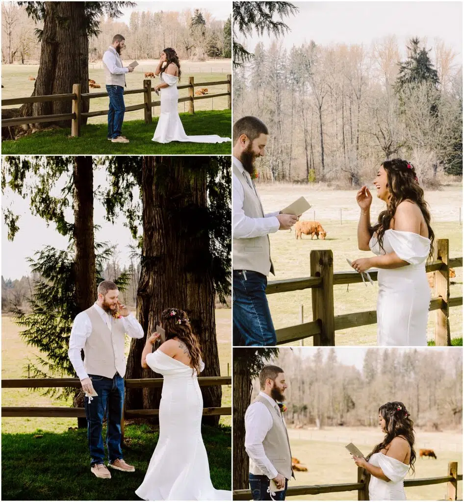 Snohomish Wedding Photographer GSquared Weddings In the serene countryside of Machias, a couple exchanges vows near a rustic fence with a pasture in the background. The woman, radiant in her white dress, and the man, casual in jeans and a vest, smile emotionally as cows graze nearby amidst lush trees and grass. Serving Seattle, Snohomish and Orlando