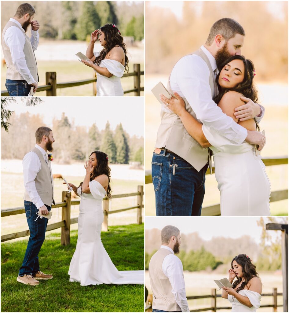 Snohomish Wedding Photographer GSquared Weddings A bride and groom stand in Machias, exchanging vows near a wooden fence. The bride wears a white off-the-shoulder dress, while the groom sports a white shirt with a beige vest. They embrace under the open sky, emotion evident in their eyes amid fields and trees. Serving Seattle, Snohomish and Orlando
