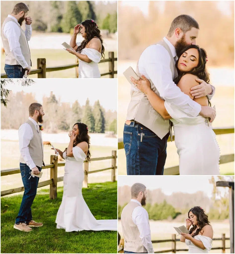 Snohomish Wedding Photographer GSquared Weddings A bride and groom stand in Machias, exchanging vows near a wooden fence. The bride wears a white off-the-shoulder dress, while the groom sports a white shirt with a beige vest. They embrace under the open sky, emotion evident in their eyes amid fields and trees. Serving Seattle, Snohomish and Orlando